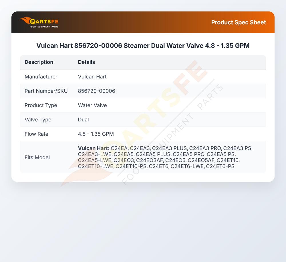 Vulcan Hart 856720-00006 Steamer Dual Water Valve 4.8 - 1.35 GPM