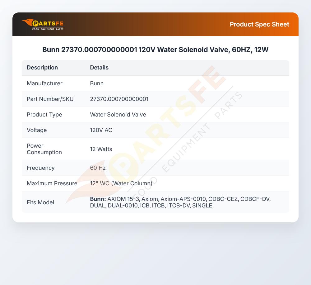 Bunn 27370.000700000001 120V Water Solenoid Valve, 60HZ, 12W