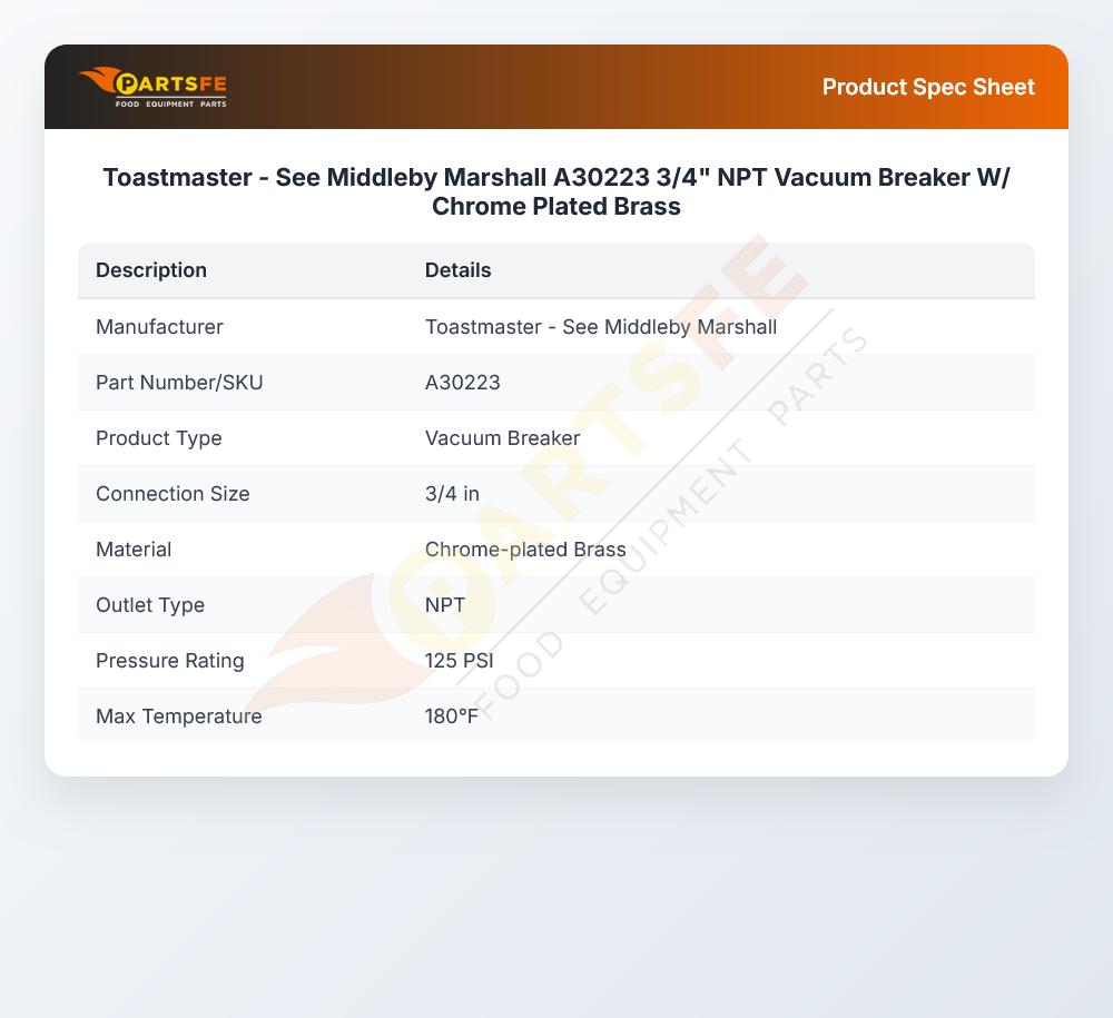 Toastmaster - See Middleby Marshall A30223 Vacuum Breaker 3/4" NPT