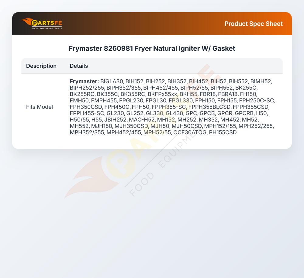 Frymaster 8260981 Fryer Natural Igniter W/ Gasket