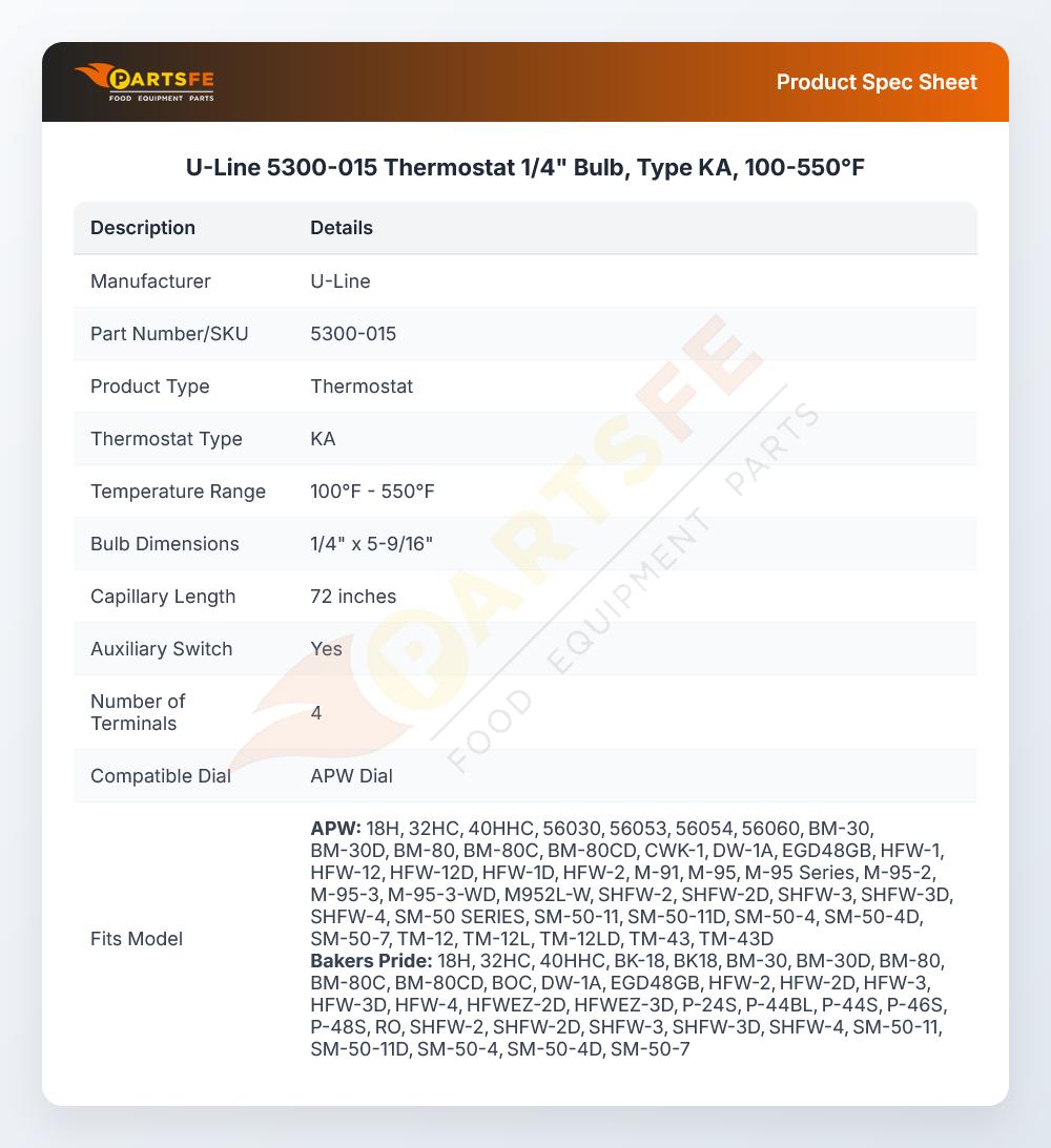 U-Line 5300-015 Thermostat  1/4" Bulb, Type KA, 100-550&deg;F