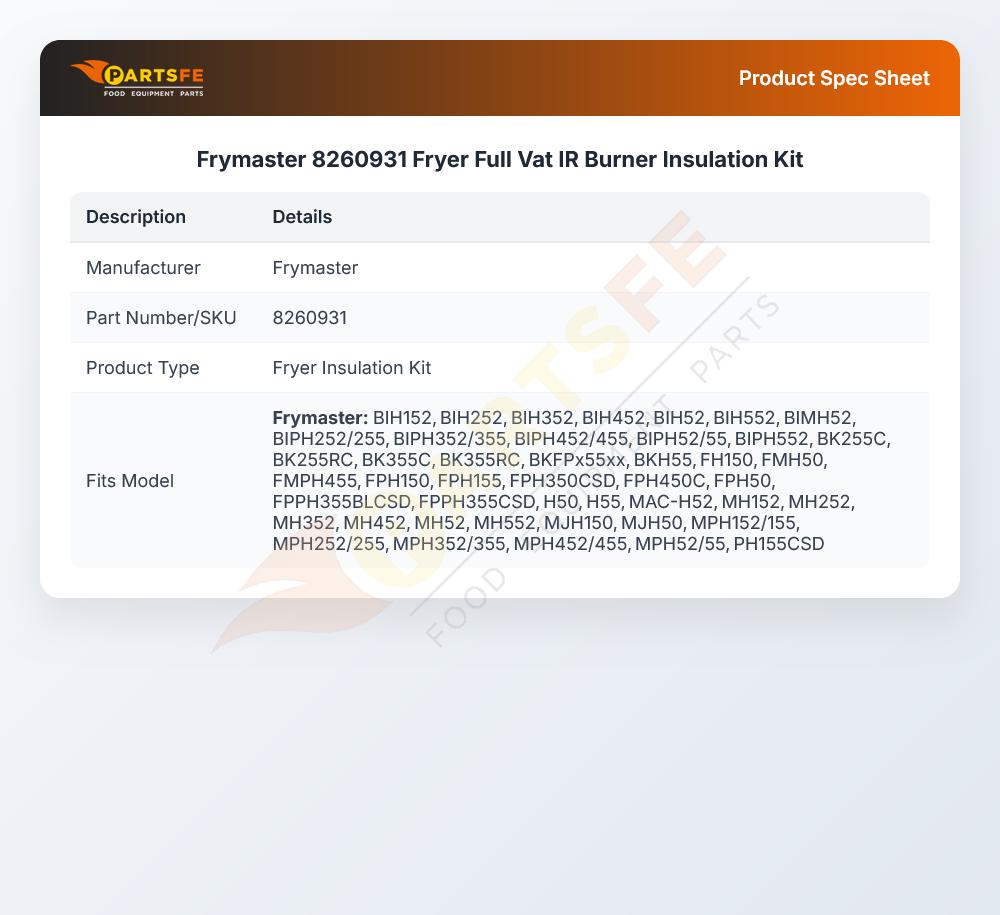 Frymaster 8260931 Fryer Full Vat IR Burner Insulation Kit