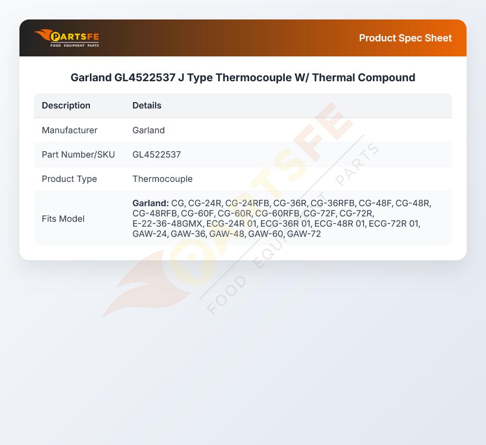 Garland GL4522537 J Type Thermocouple W/ Thermal Compound