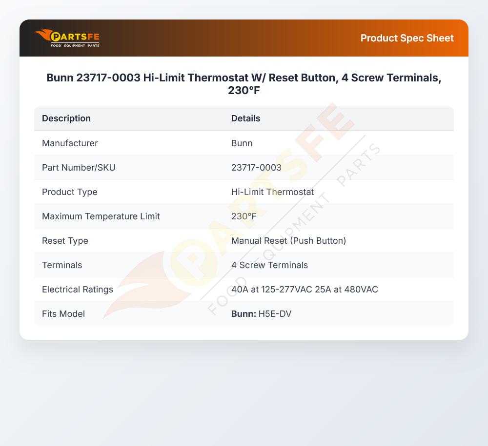 Bunn 23717-0003 Hi-Limit Thermostat W/ Reset Button, 4 Screw Terminals, 230&deg;F