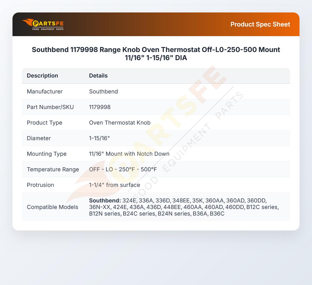Southbend 1179998 Range W/Oven Thermostat Knob Off-Low-250&deg;F-500&deg;F
