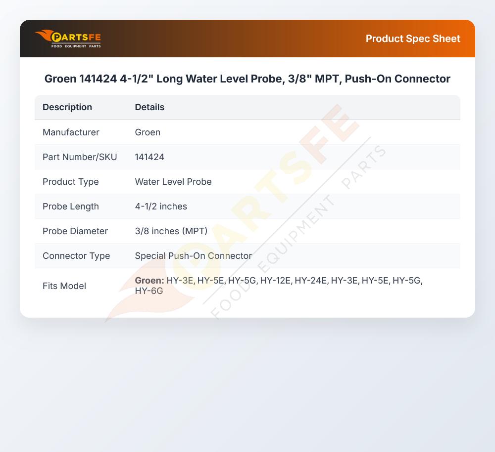 Groen 141424  4-1/2" Long Water Level Probe, 3/8" MPT, Push-On Connector