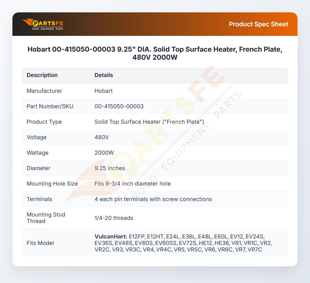 Hobart 00-415050-00003 Solid Top Surface Heater 9.25" DIA 2000W 480V