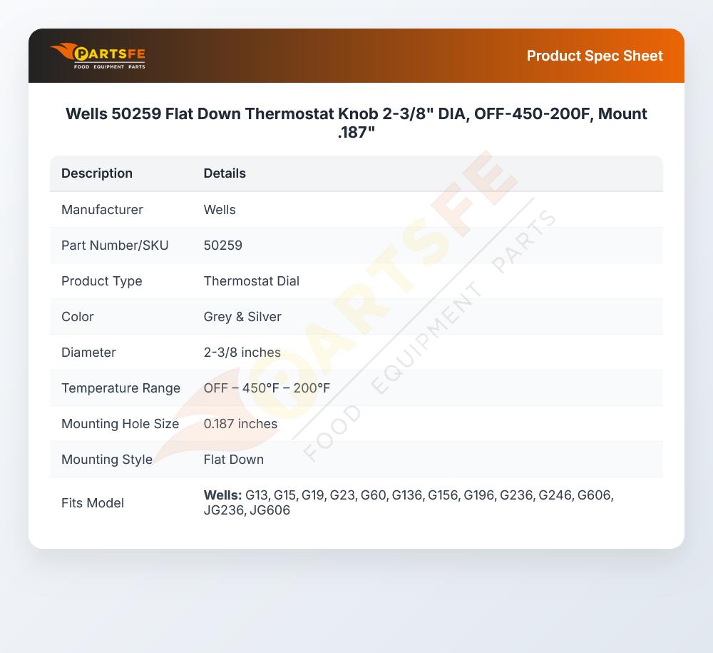 Wells 50259 Flat Down Thermostat Knob 2-3/8" DIA, OFF-450-200F, Mount .187"