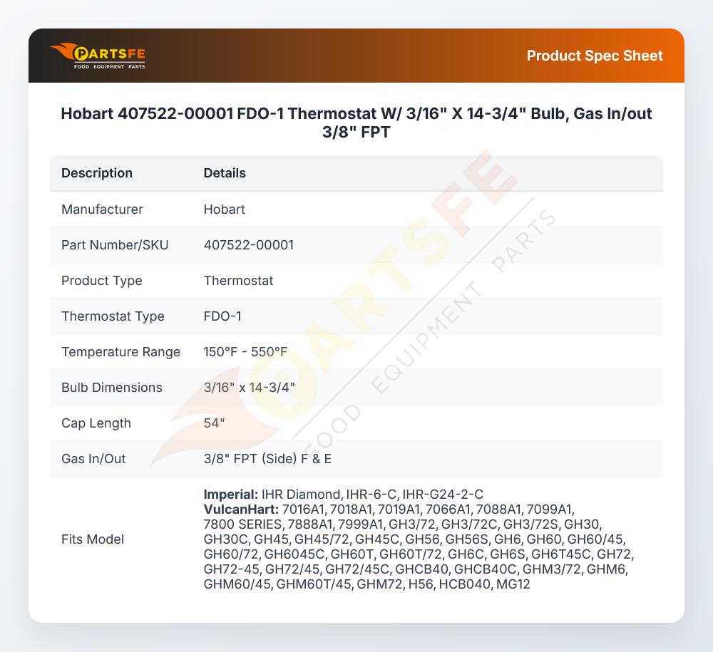 Hobart 407522-00001 Thermostat W/O Knob 3/16" X 14-3/4" FDO-1