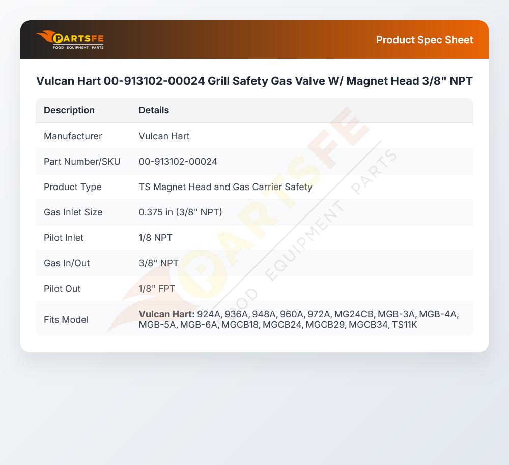 Vulcan Hart 00-913102-00024 Grill Safety Gas Valve W/ Magnet Head 3/8" NPT