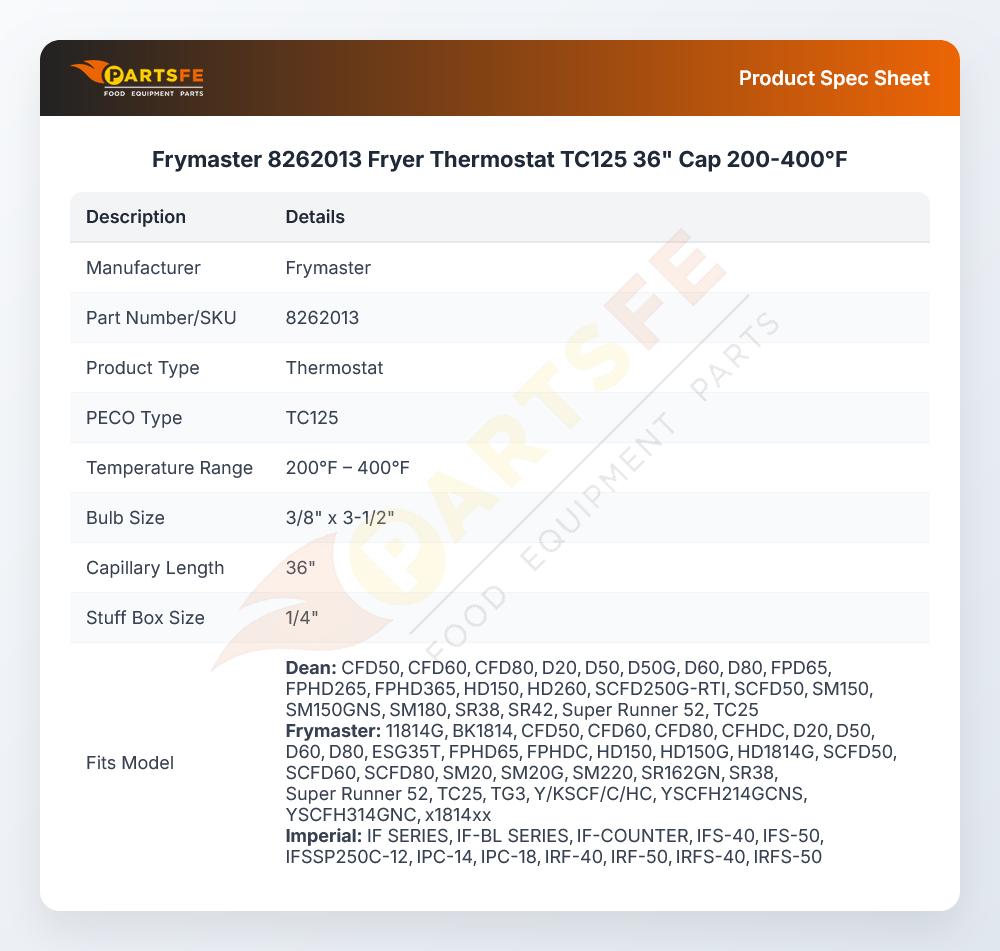 Frymaster 8262013 Fryer Thermostat TC125 36" Cap 200-400&deg;F