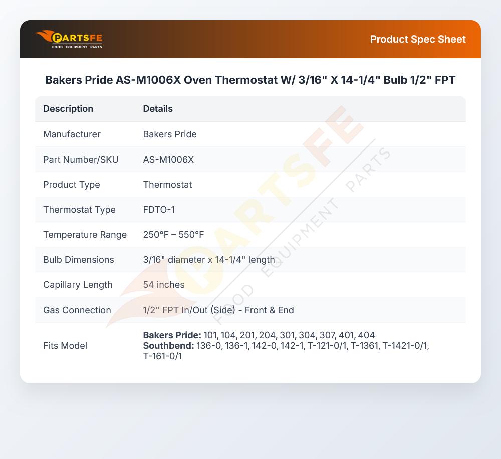 Bakers Pride AS-M1006X Oven Thermostat W/ 3/16" X 14-1/4" Bulb 1/2" FPT