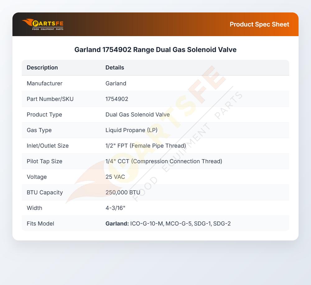 Garland 1754902 Range Dual Gas Solenoid Valve