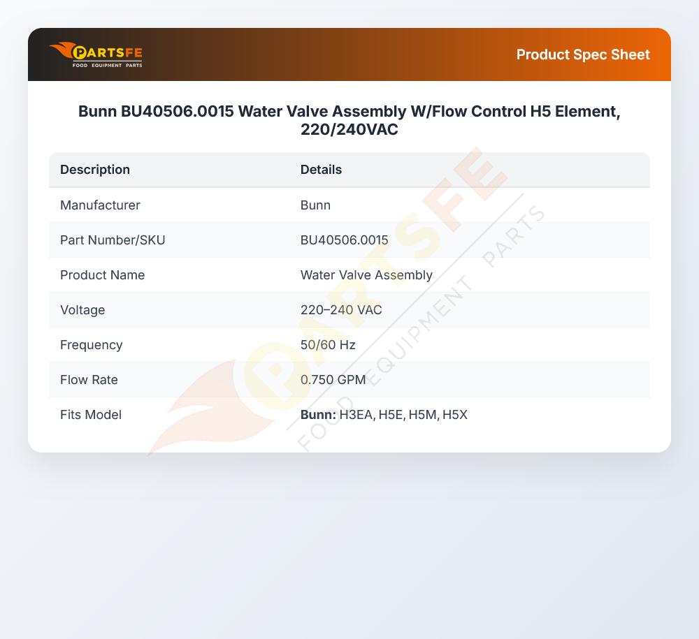 Bunn BU40506.0015 Water Valve Assembly W/Flow Control H5 Element, 220/240VAC