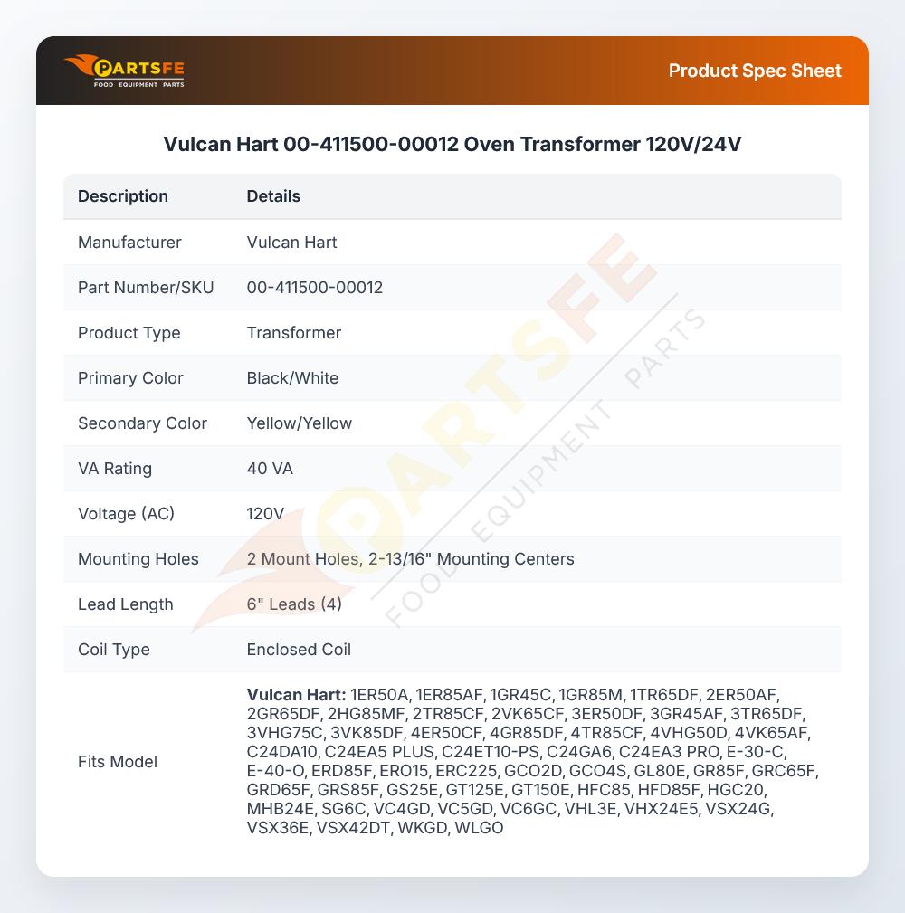 Vulcan Hart 00-411500-00012 Oven Transformer 120V/24V