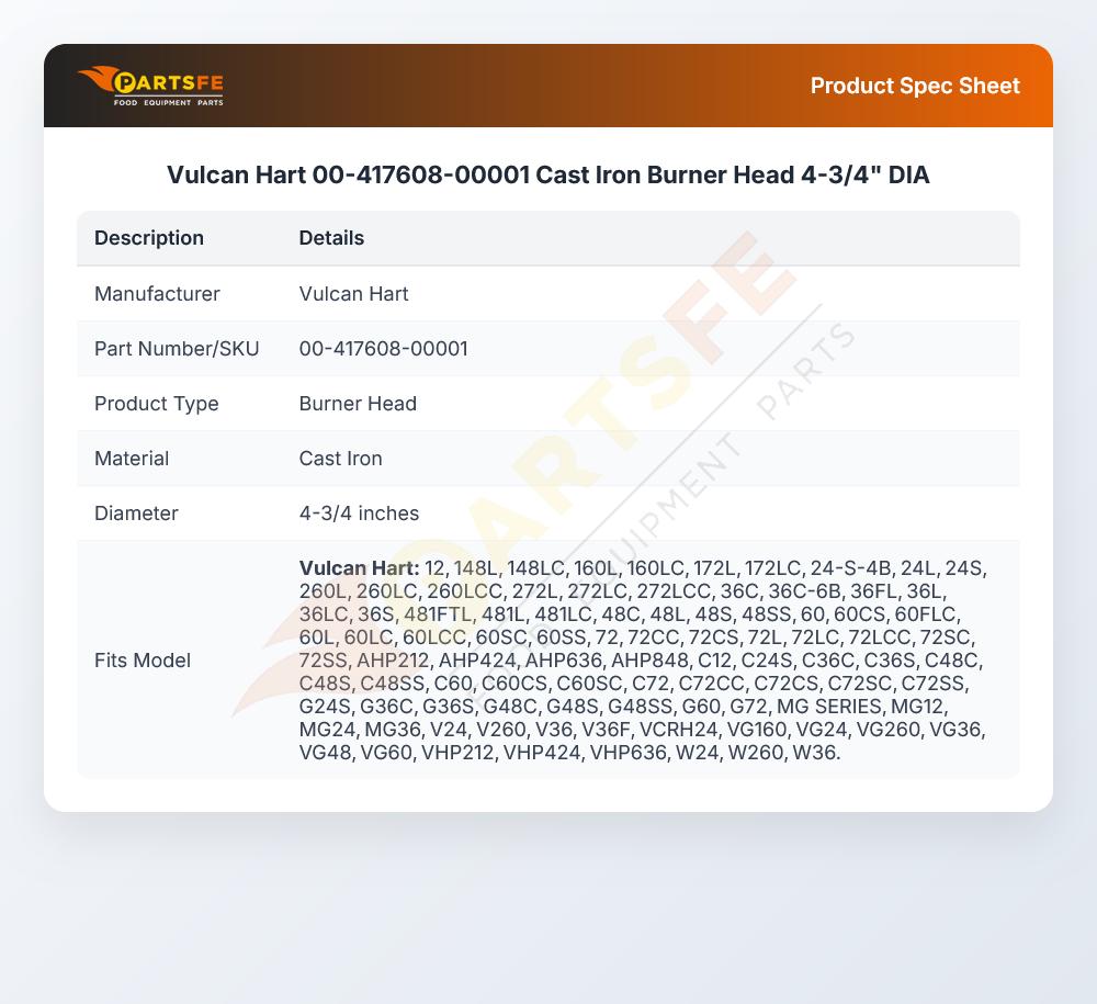 Vulcan Hart 00-417608-00001 Range Burner Head Cast Iron 4-3/4" DIA