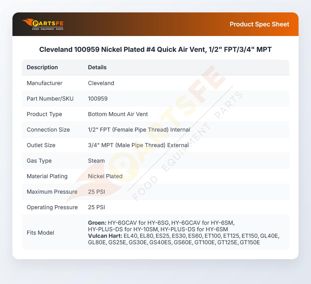 Cleveland 100959 Air Vent 1/2" FPT X 3/4" MPT 25 PSI