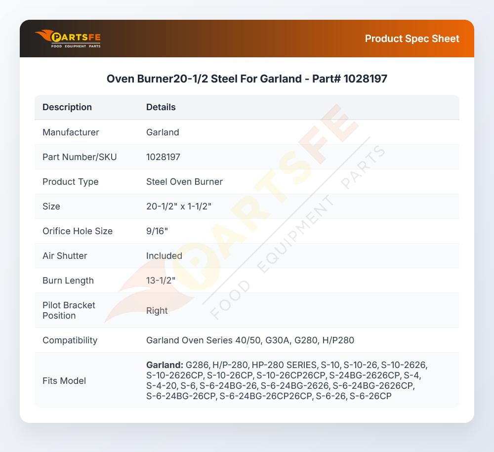 Garland 1028197 Range Burner Assembly Steel 20-1/2" X 1-1/2"