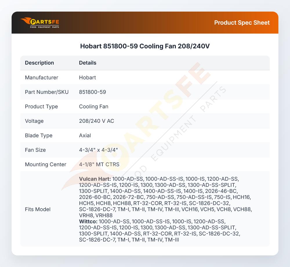 Hobart 851800-59 Cooling Fan 208/240V