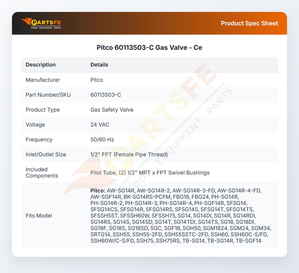 Pitco 60113503-C Gas Fryer Valve CE