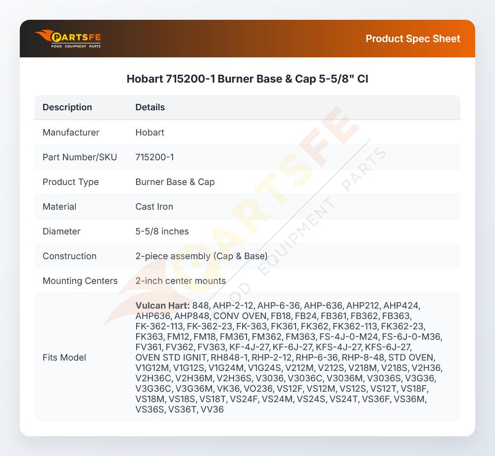 Hobart 715200-1 Burner Base & Cap 5-5/8"  CI