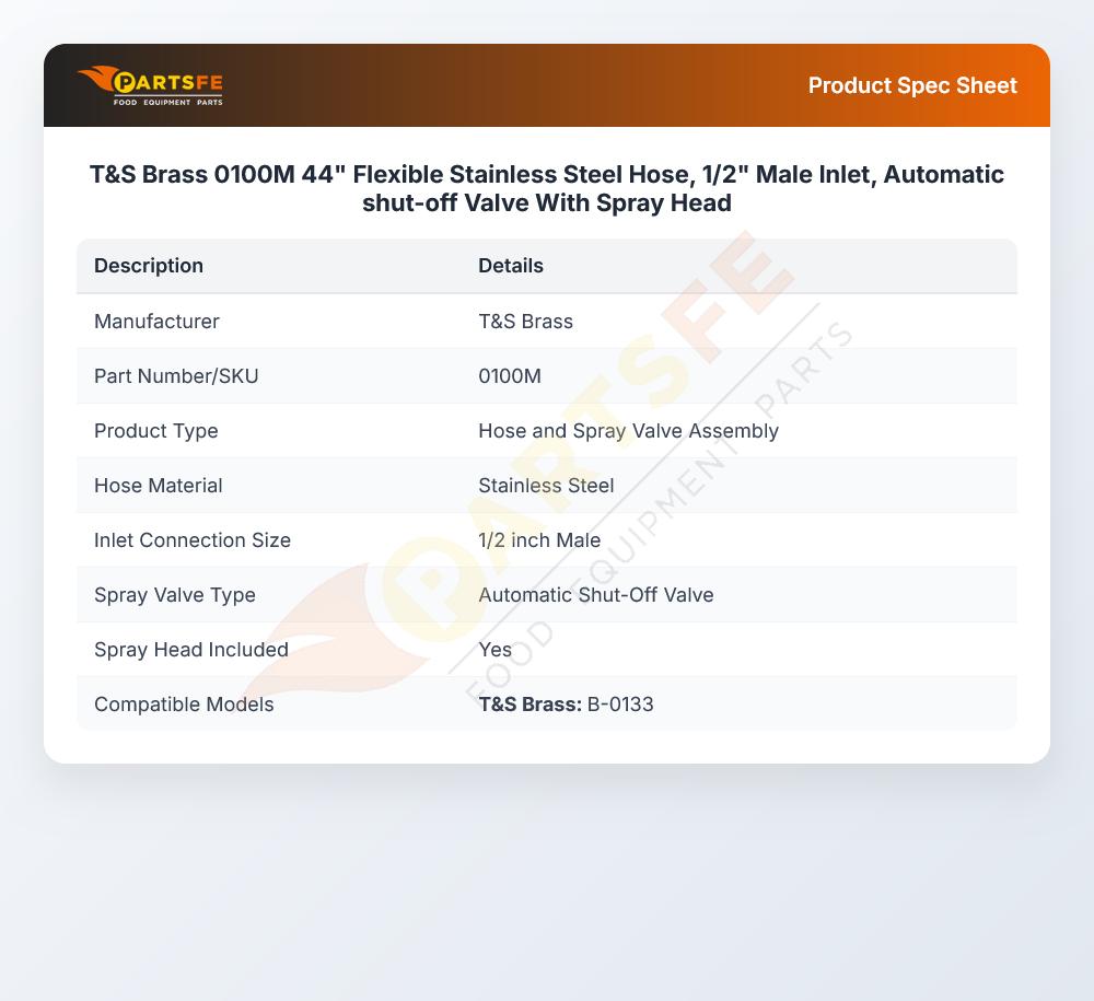T&S Brass 0100M Spray Valve W/Flexible SS Hose 44" Male Inlet 1/2" Automatic Shut-Off Valve