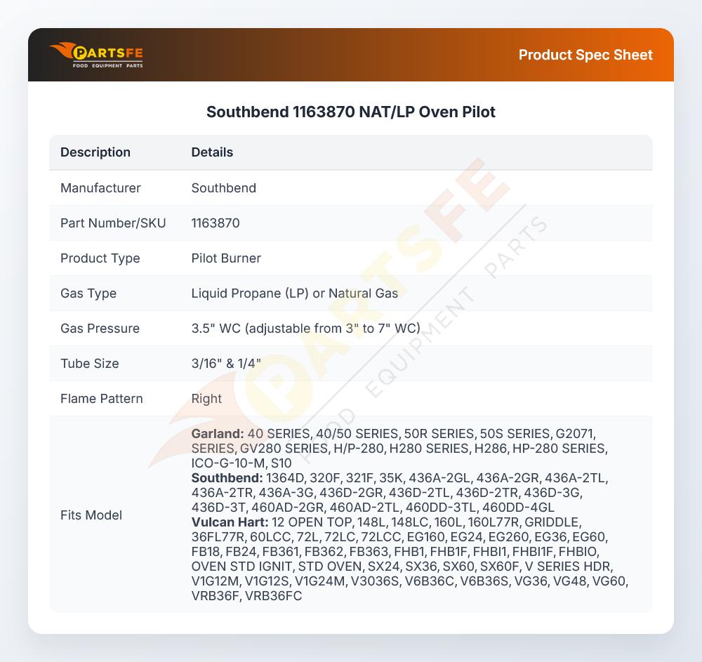 Southbend 1163870 Oven Pilot Burner Assembly Propane