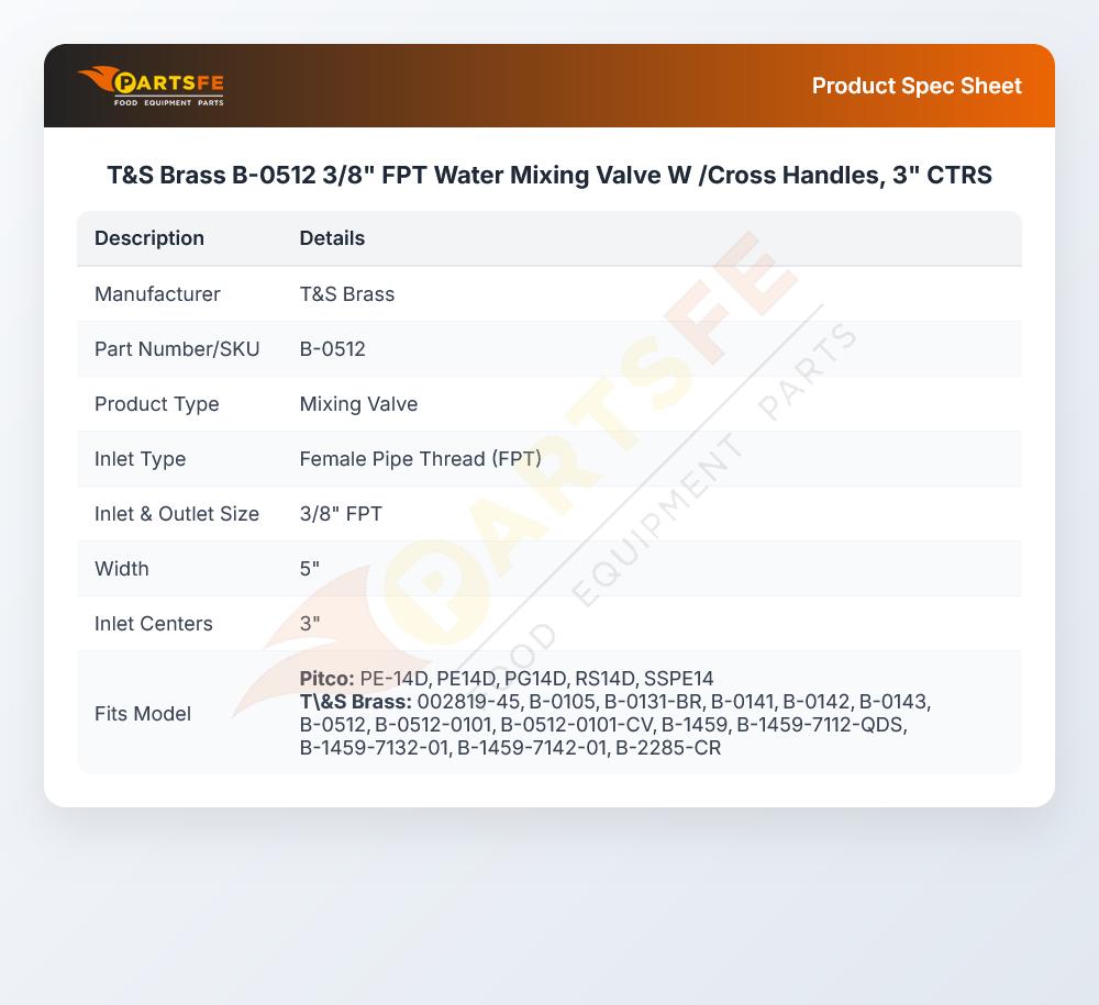 T&S Brass B-0512 Water Mixing Valve W/Cross Handles 3/8" FPT 3" CTRS