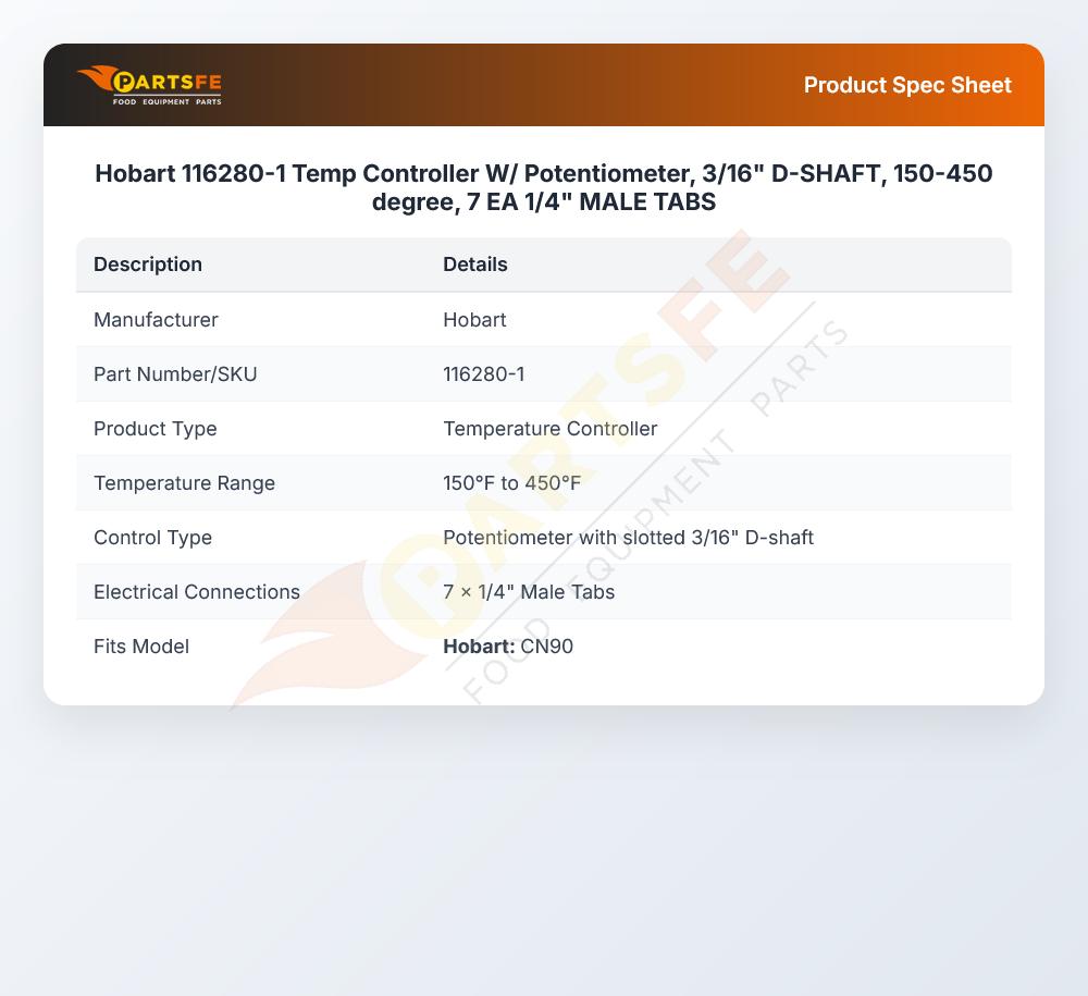 Hobart 116280-1 Convection Oven Temperature Controller W/Potentiometer 3/16" Shaft 150-450&deg; Pitch 1/4" Male Tabs 7 EA