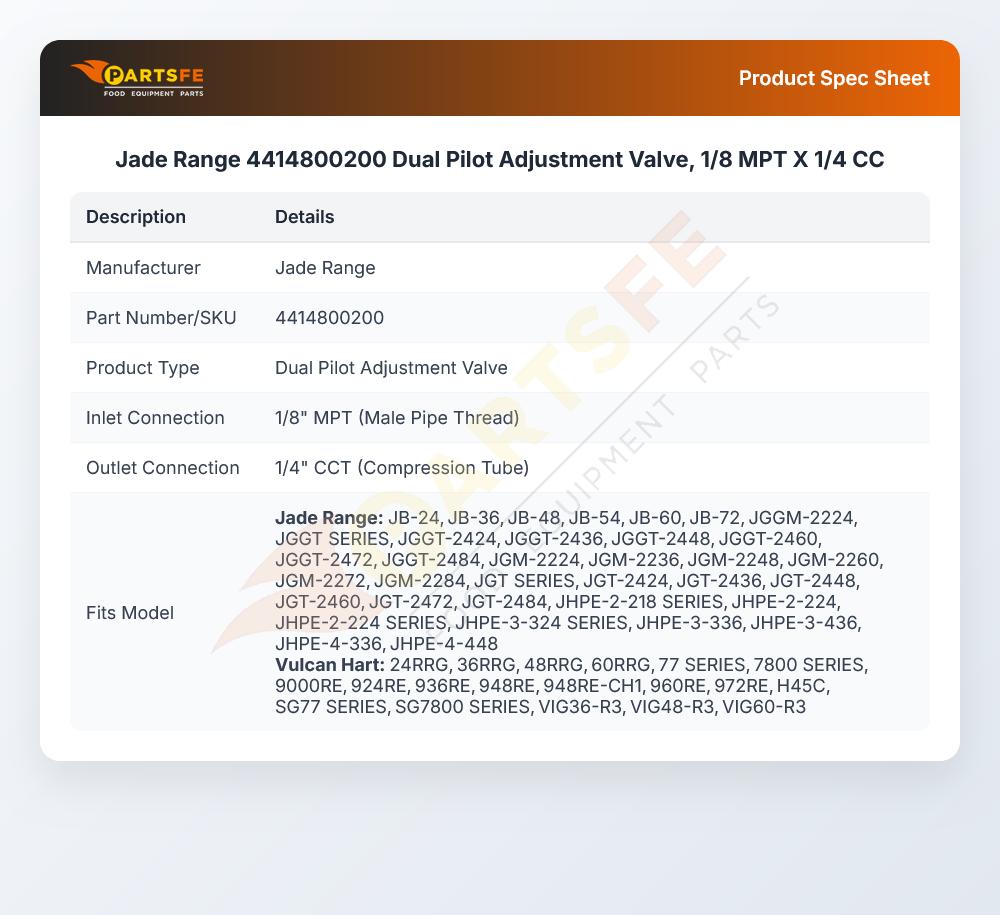 Jade Range 4414800200 Double Pilot Adjustment Valve 1/8" MPT X 1/4" CC