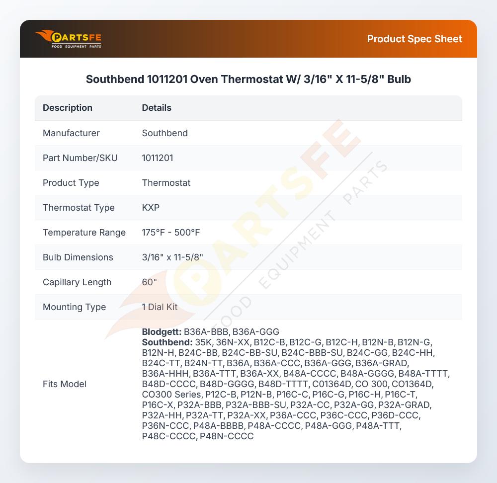 Southbend 1011201 Range Thermostat W/Dial 3/16" X 11-5/8" KXP