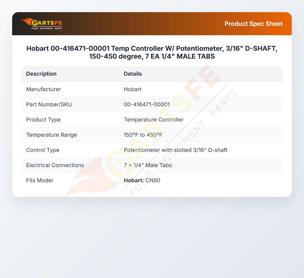 Hobart 00-416471-00001 Convection Oven Temperature Controller W/Potentiometer 3/16" 1/4" Male Tab 150-4507 EA