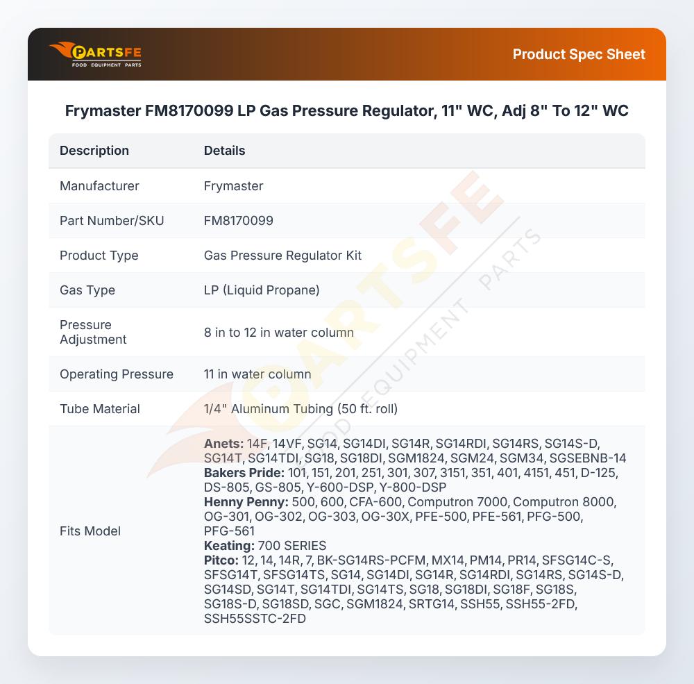 Frymaster FM8170099 LP Gas Pressure Regulator, 11" WC, Adj 8" To 12" WC