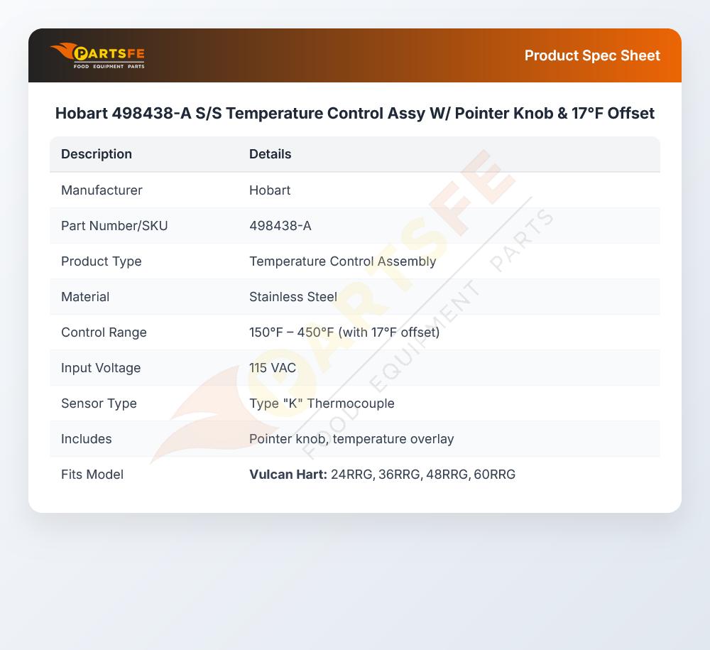 Hobart 498438-A Temperature Control Assembly W/Pointer Knob S/S & 17&deg;F Offset