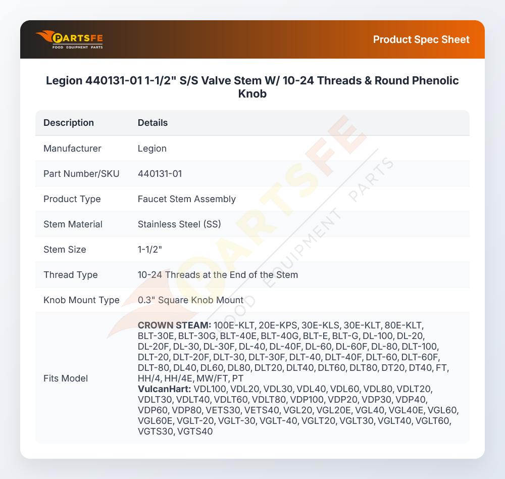 Legion 440131-01 Faucet Valve W/Phenolic Knob Round 1-1/2" Stem 10-24 Thread SS