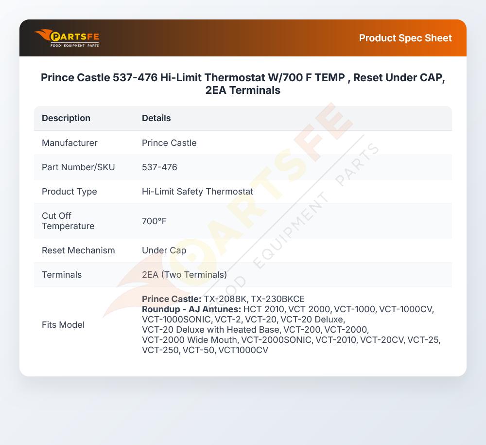 Prince Castle 537-476 Hi-Limit Thermostat W/700 F TEMP , Reset Under CAP, 2EA Terminals