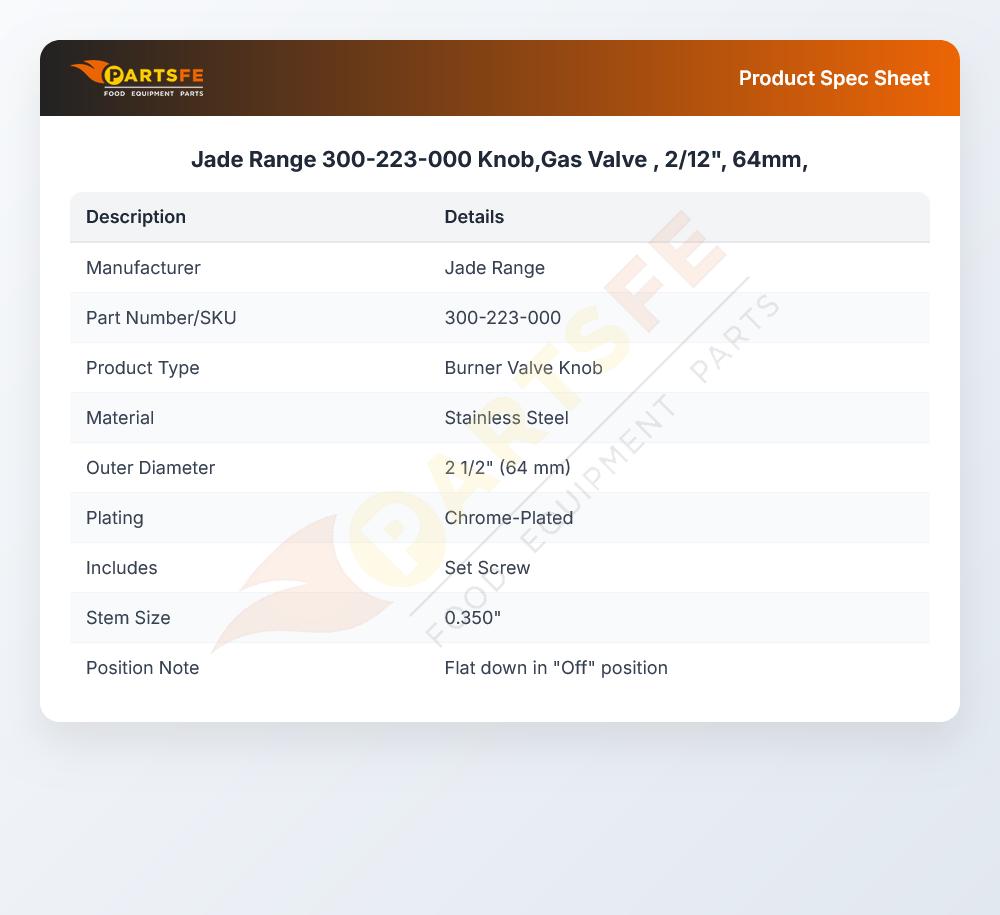 Jade Range 300-223-000 Knob,Gas Valve , 2/12", 64mm,