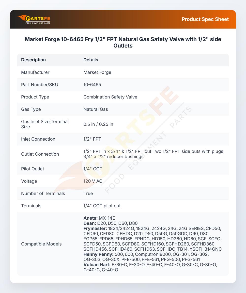 Market Forge 10-6465 Natural Gas Safety Valve W/1/2" Side Outlets