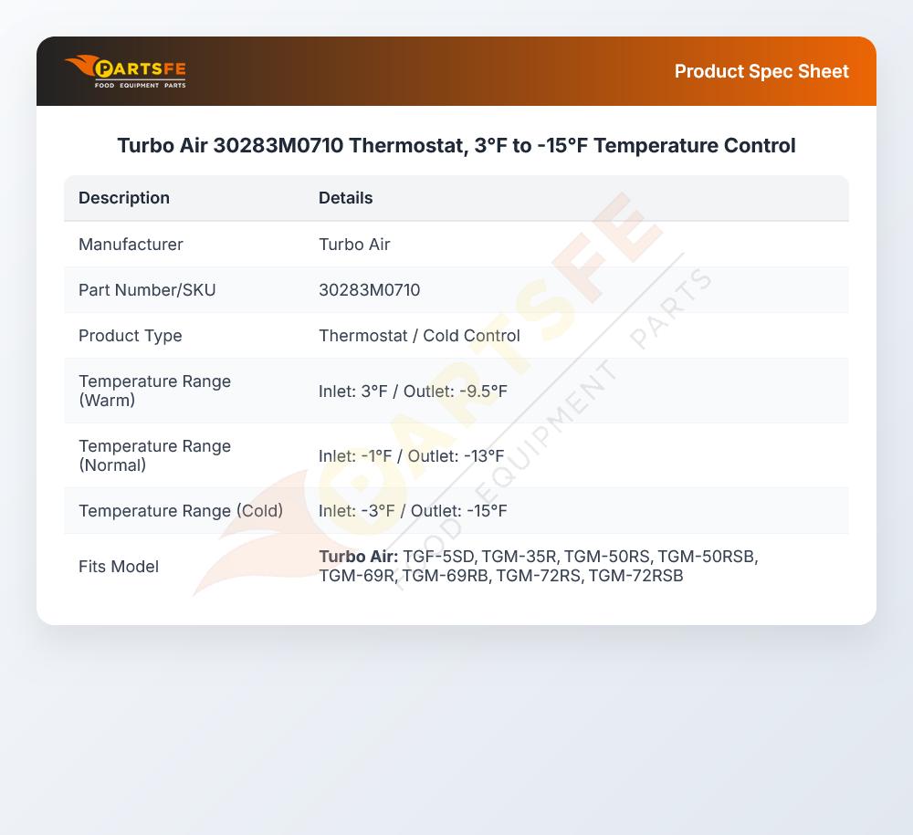 Turbo Air 30283M0710 Thermostat Temperature Control 3&deg;F To -15&deg;F