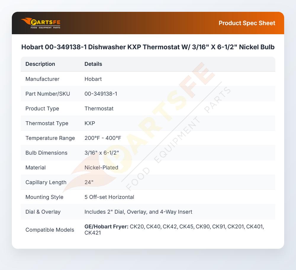 Hobart 00-349138-1 Dishwasher KXP Thermostat W/ 3/16" X 6-1/2" Nickel Bulb