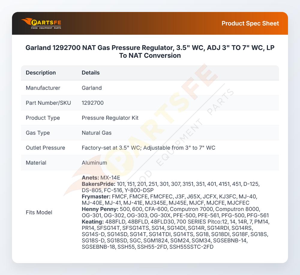 Garland 1292700 NAT Gas Pressure Regulator, 3.5" WC, ADJ 3" TO 7" WC,  LP To NAT Conversion