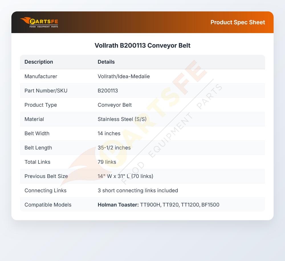 Vollrath/Idea-Medalie B200113 Conveyor Belt