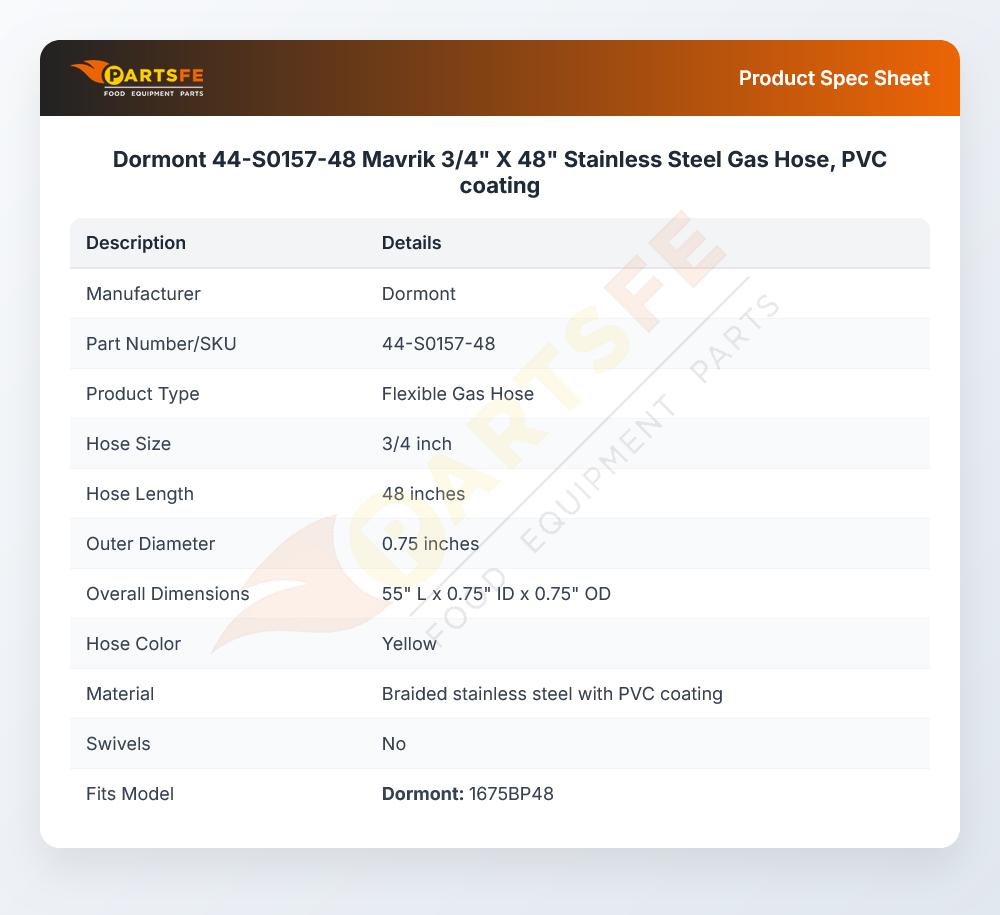 Dormont 44-S0157-48 Gas Hose 3/4" X 48" SS PVC Coating