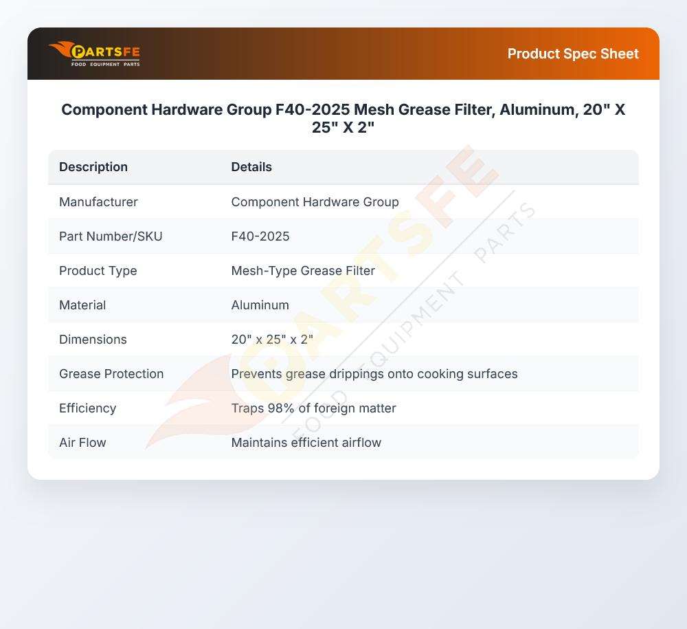 Component Hardware Group F40-2025 Mesh Grease Filter Aluminum 20" X 25" X 2"