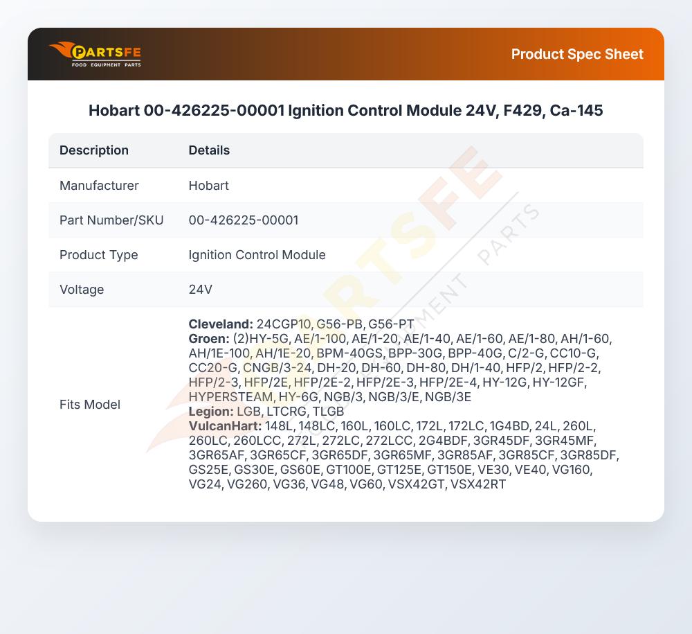 Hobart 00-426225-00001 Ignition Control Module 24V F429 CA-145