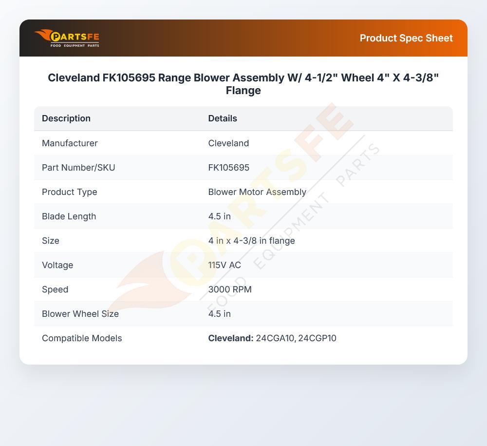 Cleveland FK105695 Range Blower Assembly 4-1/2" Wheel 4" X 4-3/8" Flange