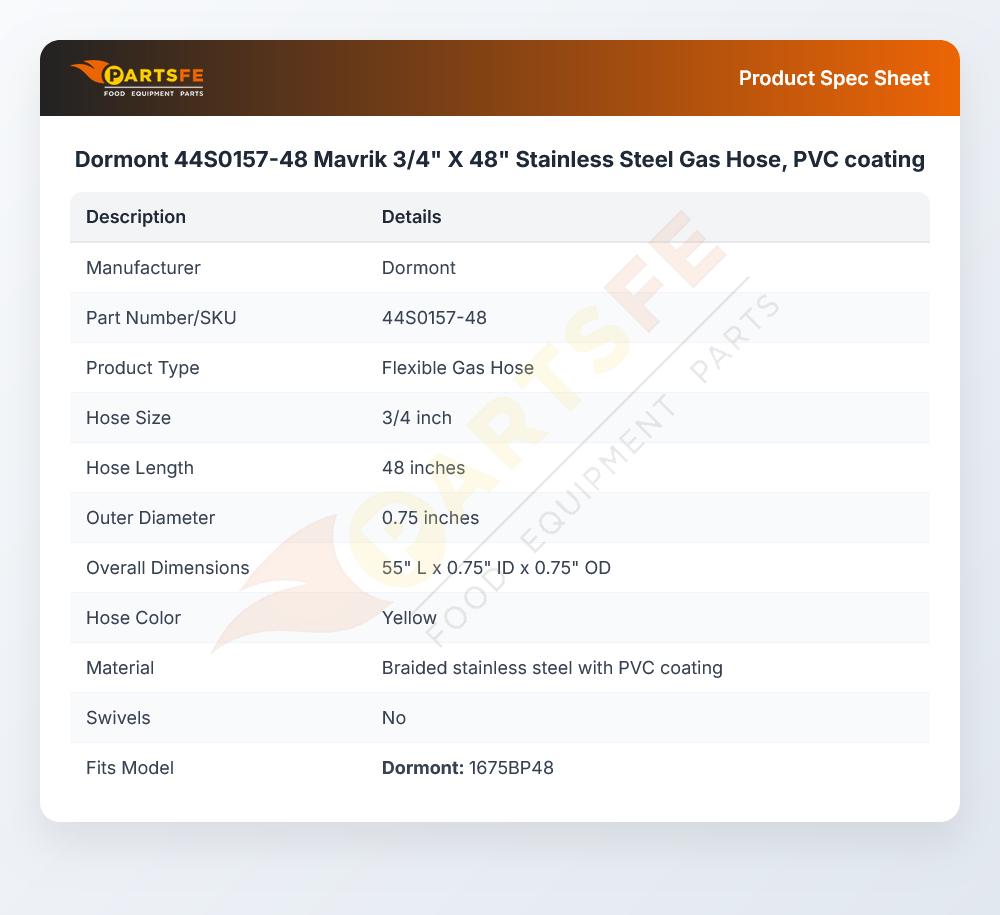Dormont 44S0157-48 Gas Hose 3/4" X 48" SS PVC Coating
