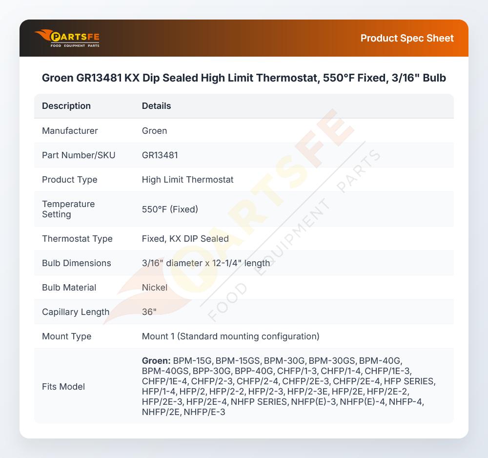 Groen GR13481 KX  Hi Limit Thermostat Bulb 3/16" X 12-1/4" 36" 550&deg;F