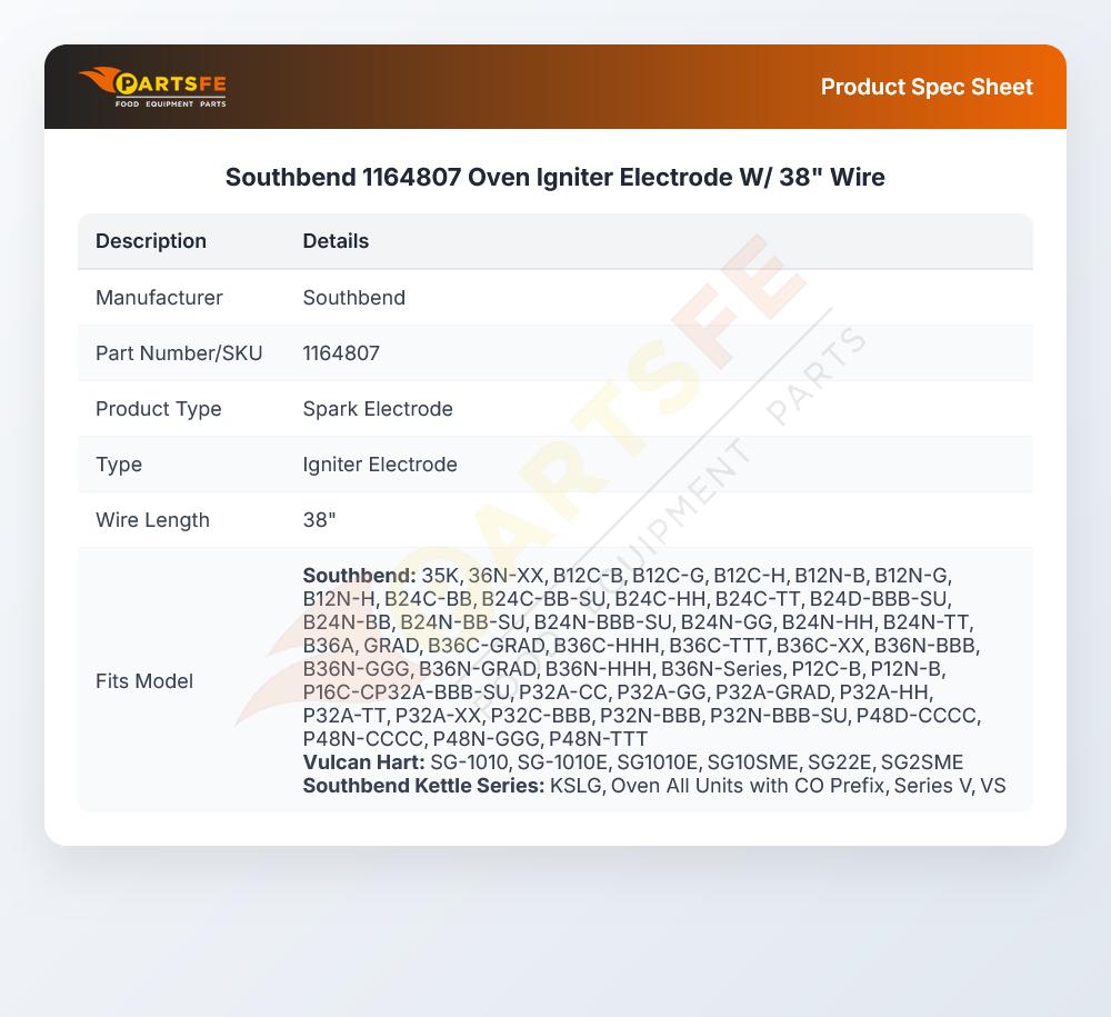 Southbend 1164807 Range Igniter Electrode 38" Wire
