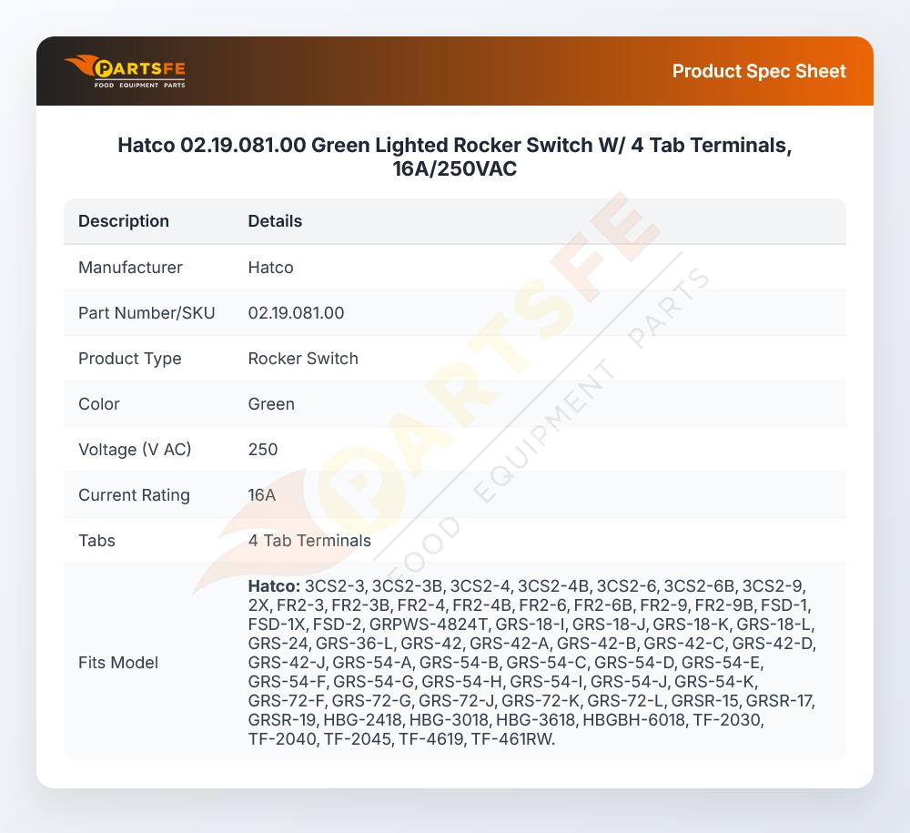 Hatco 02.19.081.00 Green Lighted Rocker Switch W/4 Tab Terminals 16A 250 VAC
